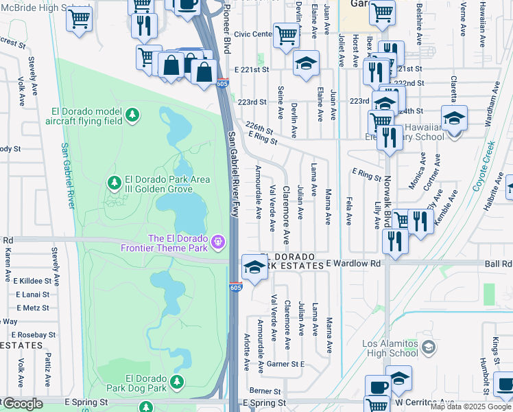 map of restaurants, bars, coffee shops, grocery stores, and more near 7825 E Topia St in Long Beach