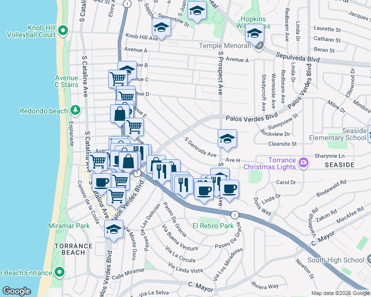 map of restaurants, bars, coffee shops, grocery stores, and more near 413 Avenue E in Redondo Beach