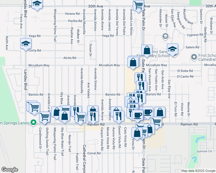 map of restaurants, bars, coffee shops, grocery stores, and more near 31415 Avenida Juarez in Cathedral City