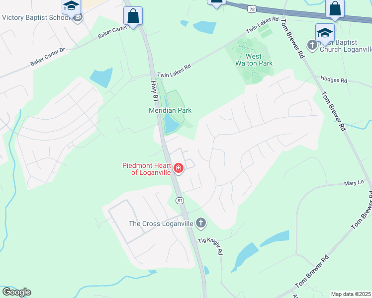 map of restaurants, bars, coffee shops, grocery stores, and more near 233 Tara Commons Walk in Loganville