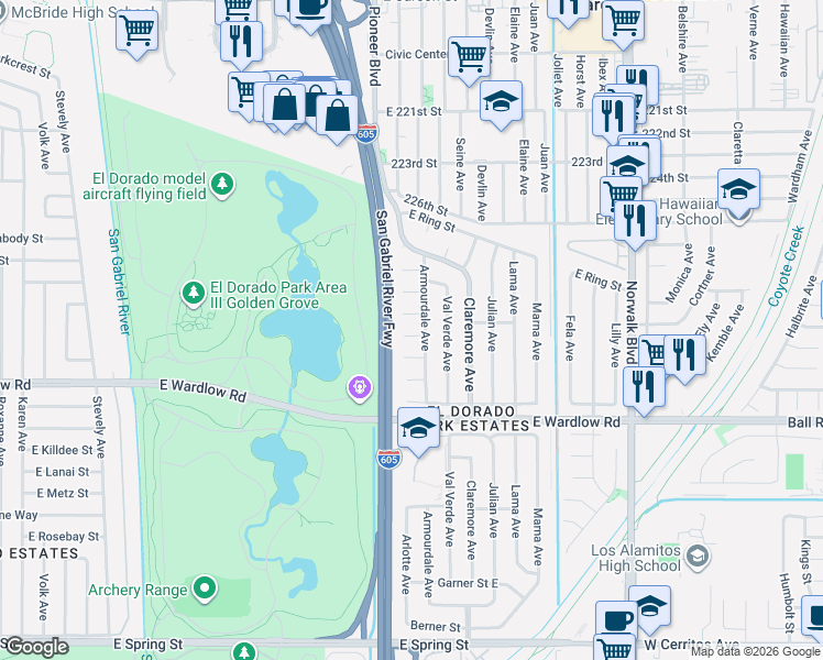 map of restaurants, bars, coffee shops, grocery stores, and more near 7825 E Topia St in Long Beach
