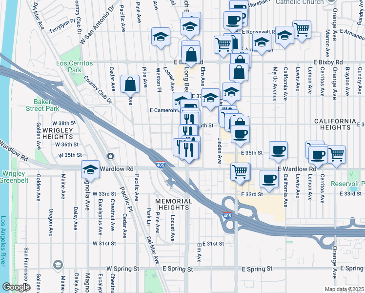 map of restaurants, bars, coffee shops, grocery stores, and more near 3505 Long Beach Boulevard in Long Beach
