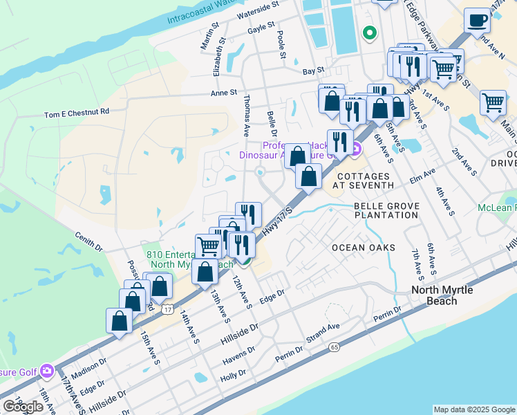 map of restaurants, bars, coffee shops, grocery stores, and more near 931 Belle Drive in North Myrtle Beach