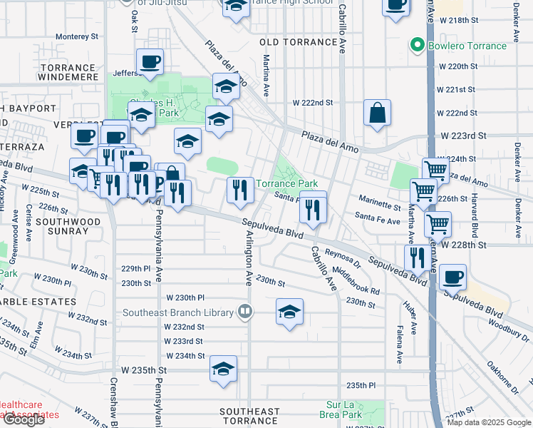 map of restaurants, bars, coffee shops, grocery stores, and more near 2189 Sepulveda Boulevard in Torrance