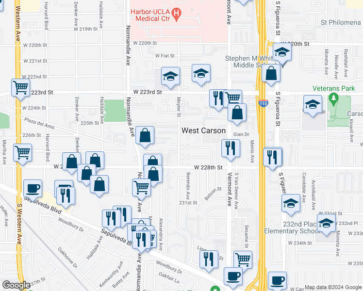 map of restaurants, bars, coffee shops, grocery stores, and more near 22616 Meyler Street in Torrance