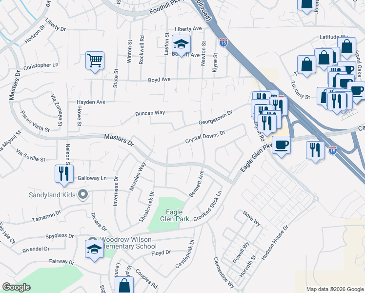 map of restaurants, bars, coffee shops, grocery stores, and more near 3925 Belfry Circle in Corona