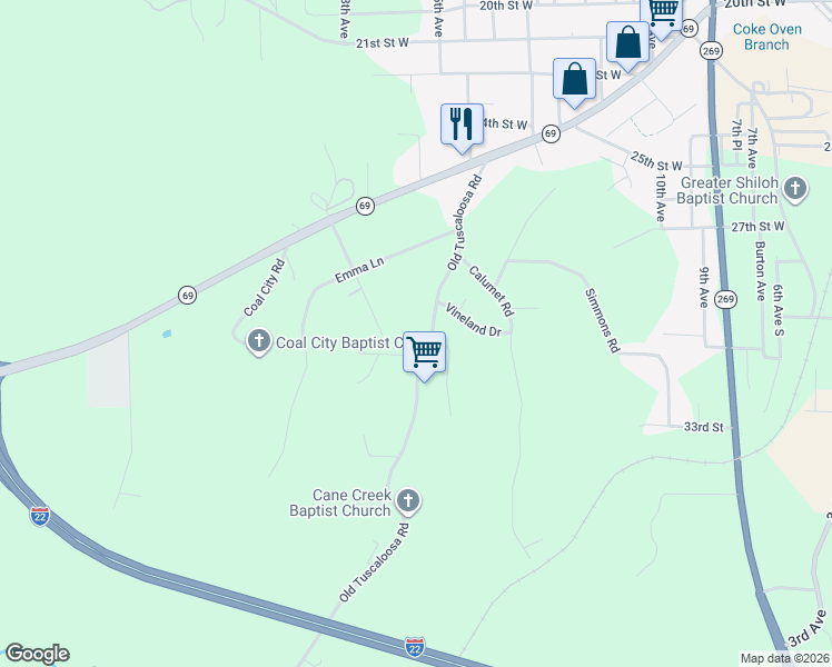 map of restaurants, bars, coffee shops, grocery stores, and more near 3000 Old Tuscaloosa Road in Jasper