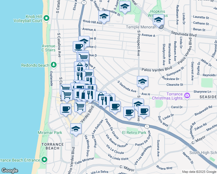 map of restaurants, bars, coffee shops, grocery stores, and more near 403 Avenue F in Redondo Beach