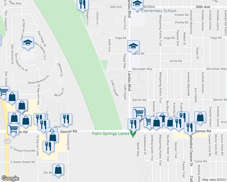 map of restaurants, bars, coffee shops, grocery stores, and more near 31355 Calle Cayuga in Cathedral City