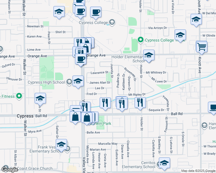 map of restaurants, bars, coffee shops, grocery stores, and more near 6211 Lee Drive in Cypress