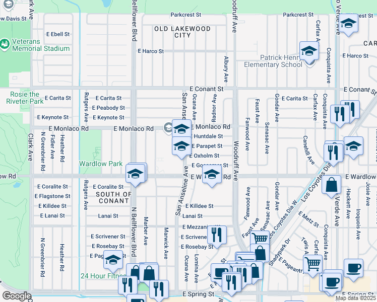 map of restaurants, bars, coffee shops, grocery stores, and more near 5703 East Oxholm Street in Long Beach