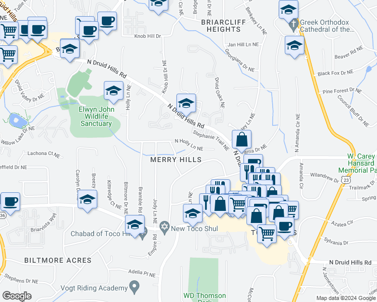 map of restaurants, bars, coffee shops, grocery stores, and more near 1744 Reindeer Drive Northeast in Atlanta