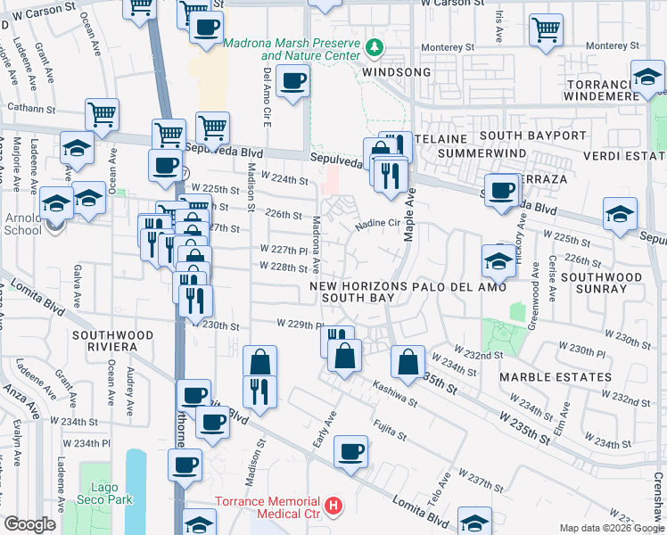 map of restaurants, bars, coffee shops, grocery stores, and more near 22847 Nadine Circle in Torrance