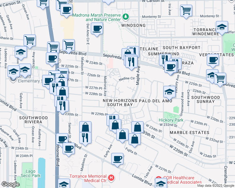 map of restaurants, bars, coffee shops, grocery stores, and more near 22904 Nadine Circle in Torrance