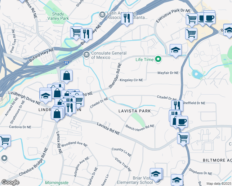map of restaurants, bars, coffee shops, grocery stores, and more near 1116 Citadel Drive Northeast in Atlanta