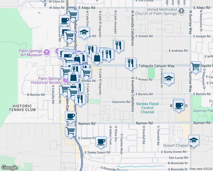 map of restaurants, bars, coffee shops, grocery stores, and more near 683 East Arenas Road in Palm Springs