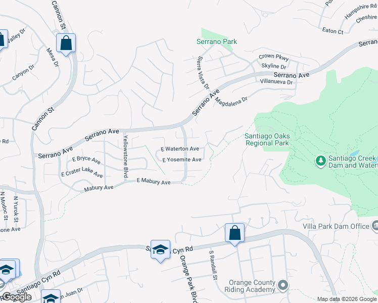 map of restaurants, bars, coffee shops, grocery stores, and more near 6608 East Waterton Avenue in Orange
