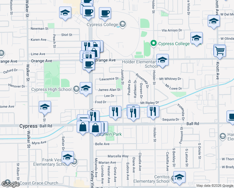 map of restaurants, bars, coffee shops, grocery stores, and more near 6211 Lee Drive in Cypress