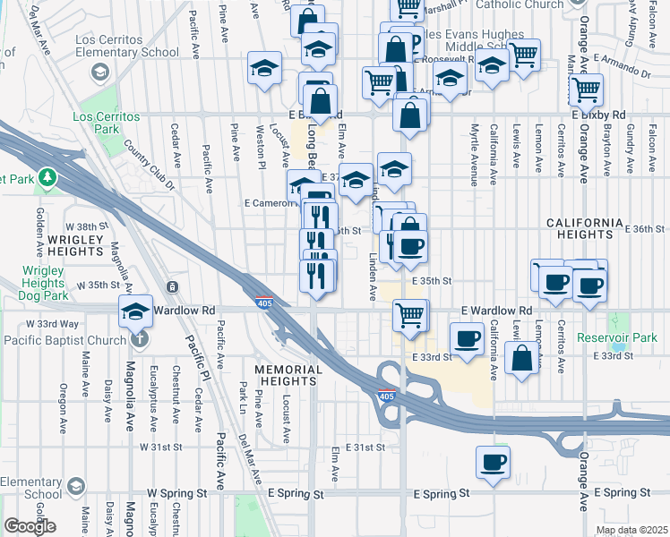 map of restaurants, bars, coffee shops, grocery stores, and more near 3510 Elm Avenue in Long Beach