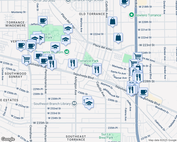 map of restaurants, bars, coffee shops, grocery stores, and more near 2727 Andreo Avenue in Torrance