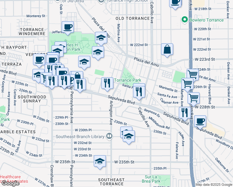 map of restaurants, bars, coffee shops, grocery stores, and more near 2743 Gramercy Avenue in Torrance