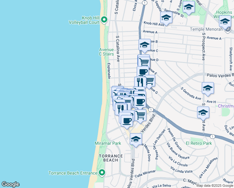 map of restaurants, bars, coffee shops, grocery stores, and more near 1516 Esplanade in Redondo Beach