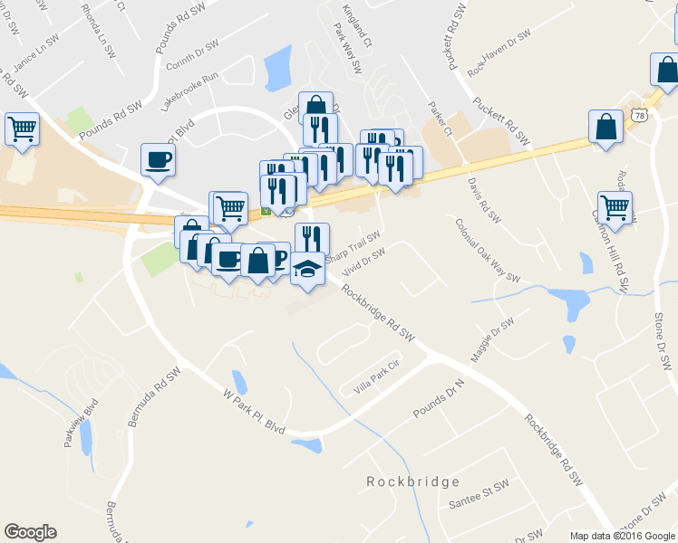 map of restaurants, bars, coffee shops, grocery stores, and more near 2120 Rockbridge Road in Stone Mountain