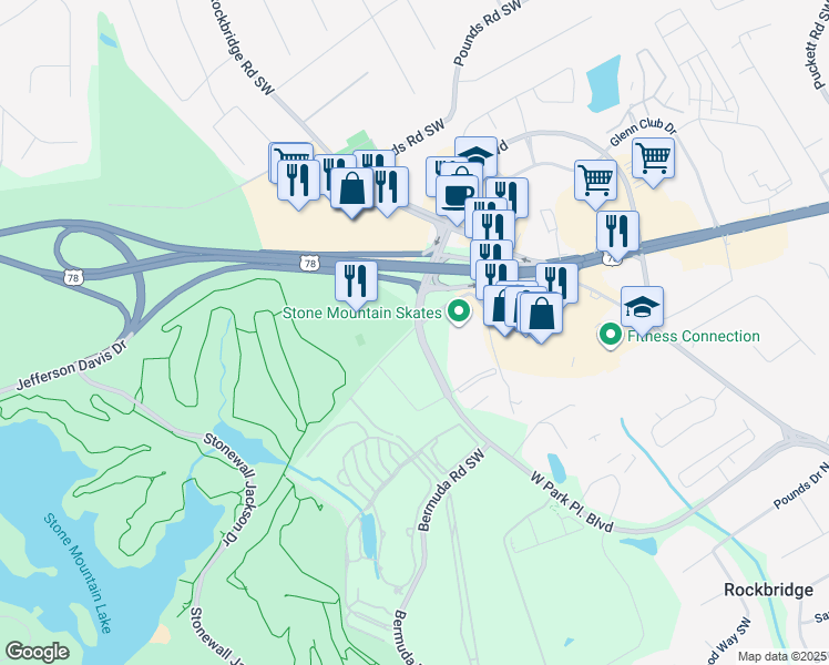 map of restaurants, bars, coffee shops, grocery stores, and more near West Park Place Boulevard in Gwinnett County