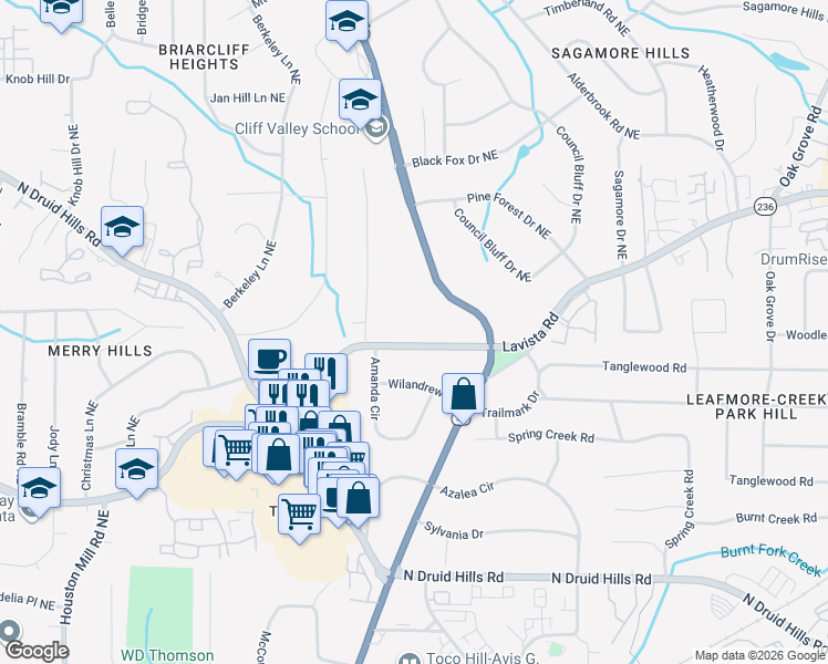 map of restaurants, bars, coffee shops, grocery stores, and more near 2388 Lavista Road Northeast in Atlanta