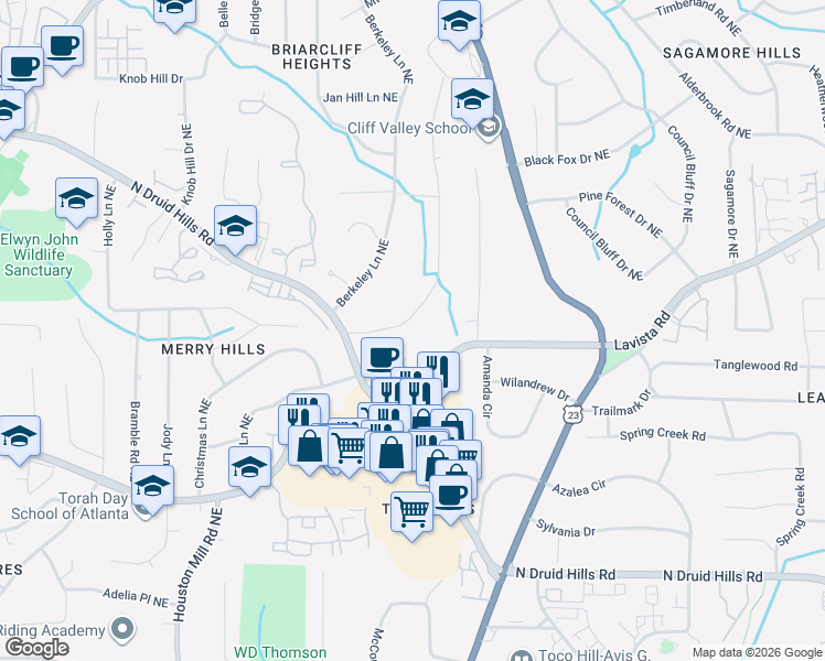 map of restaurants, bars, coffee shops, grocery stores, and more near 1381 Fama Drive Northeast in Atlanta