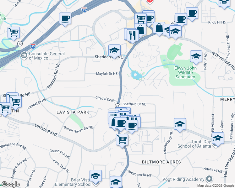 map of restaurants, bars, coffee shops, grocery stores, and more near 1344 Sheffield Glen Way Northeast in Atlanta