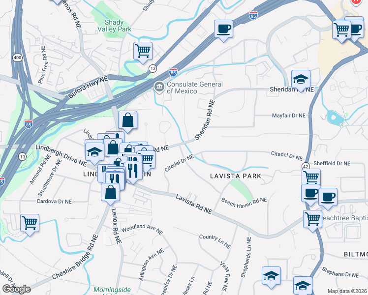 map of restaurants, bars, coffee shops, grocery stores, and more near 1054 Beech Haven Road Northeast in Atlanta