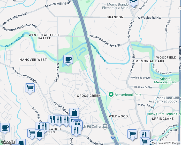 map of restaurants, bars, coffee shops, grocery stores, and more near 24 Arpege Way Northwest in Atlanta