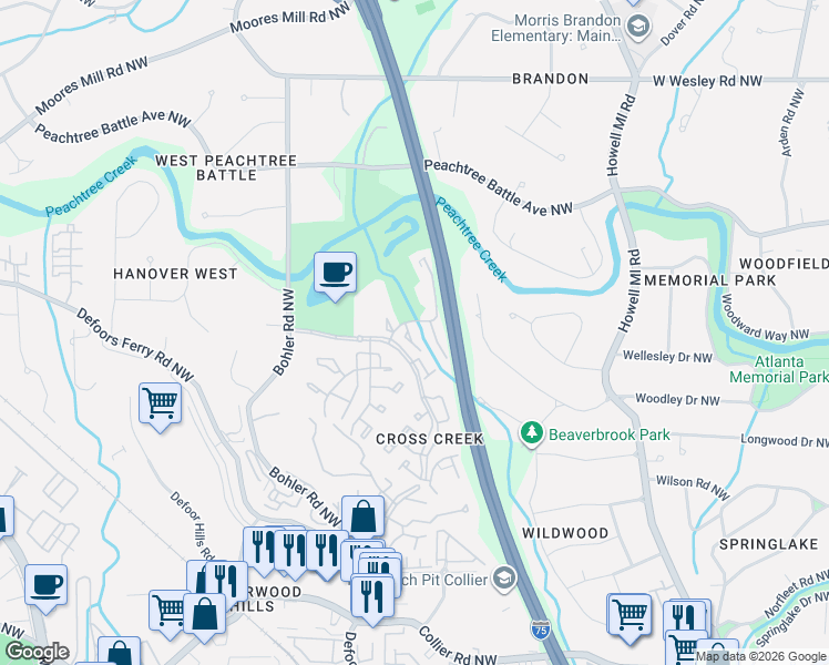 map of restaurants, bars, coffee shops, grocery stores, and more near 44 Monet Court Northwest in Atlanta