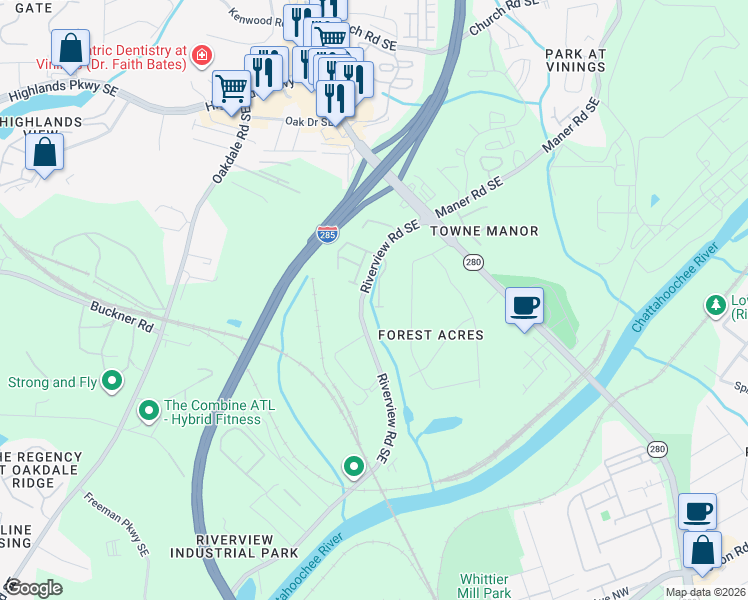 map of restaurants, bars, coffee shops, grocery stores, and more near 5341 Concordia Place in Atlanta