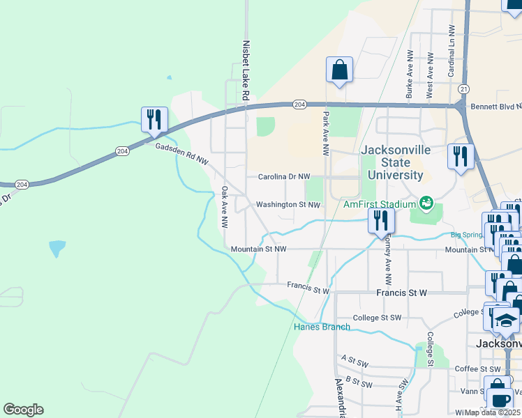 map of restaurants, bars, coffee shops, grocery stores, and more near 1000 Washington Street Northwest in Jacksonville