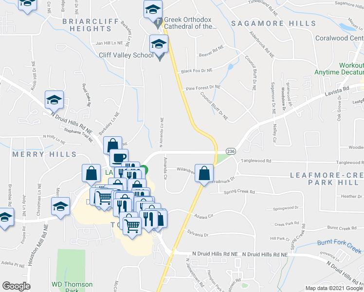 map of restaurants, bars, coffee shops, grocery stores, and more near 2388 Lavista Road Northeast in Atlanta