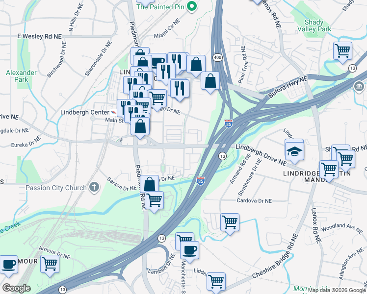 map of restaurants, bars, coffee shops, grocery stores, and more near 711 Cosmopolitan Drive Northeast in Atlanta