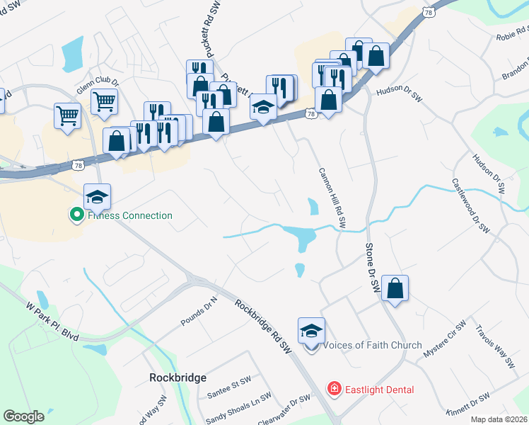 map of restaurants, bars, coffee shops, grocery stores, and more near 2232 Colonial Oak Way Southwest in Stone Mountain