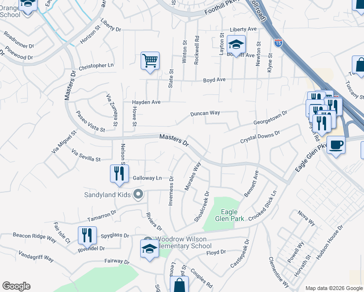 map of restaurants, bars, coffee shops, grocery stores, and more near 1773 Riverstone Street in Corona