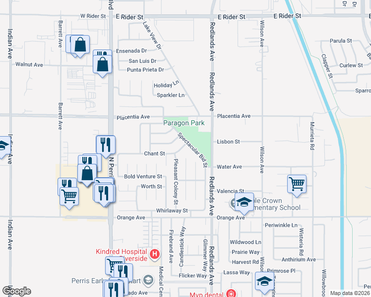 map of restaurants, bars, coffee shops, grocery stores, and more near 295 Chant Street in Perris