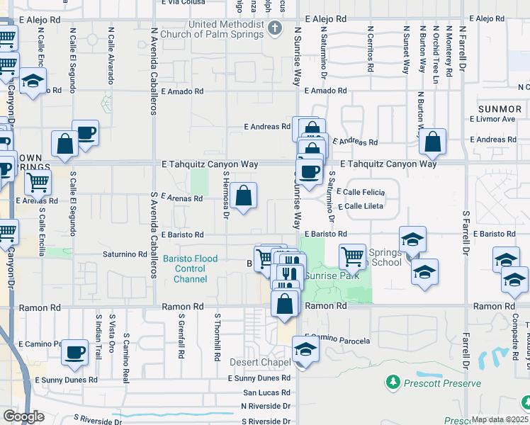 map of restaurants, bars, coffee shops, grocery stores, and more near 1466 East Baristo Road in Palm Springs