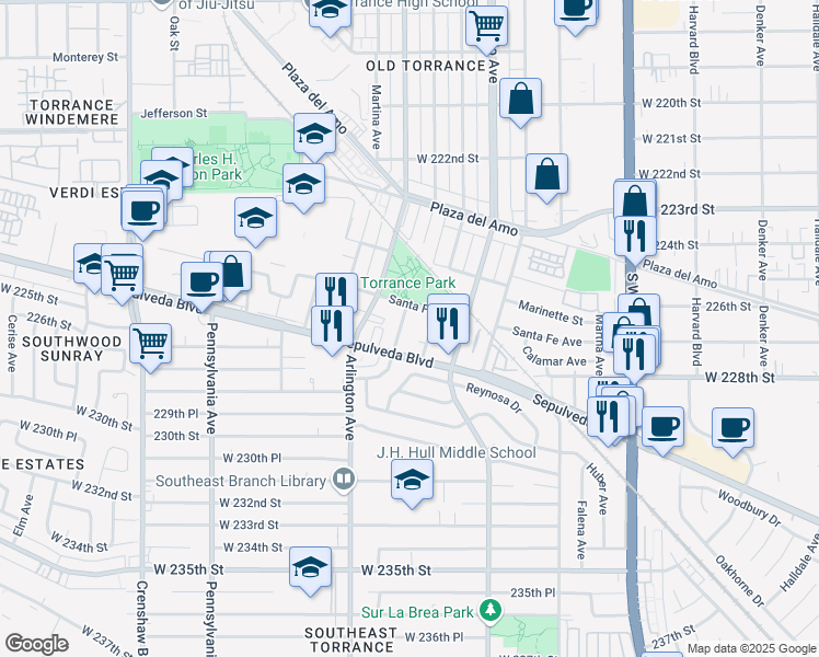 map of restaurants, bars, coffee shops, grocery stores, and more near 2720 Gramercy Avenue in Torrance