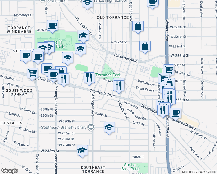 map of restaurants, bars, coffee shops, grocery stores, and more near 2727 Andreo Avenue in Torrance