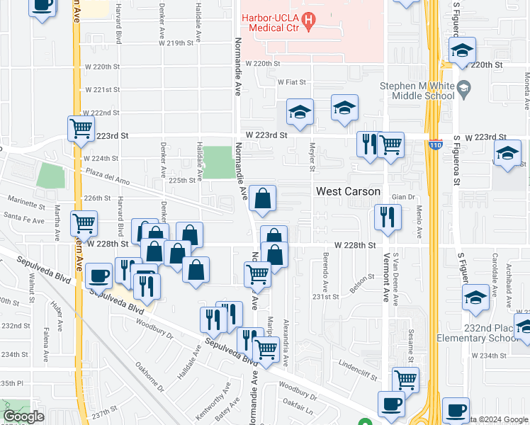 map of restaurants, bars, coffee shops, grocery stores, and more near 1220 West 226th Street in Torrance