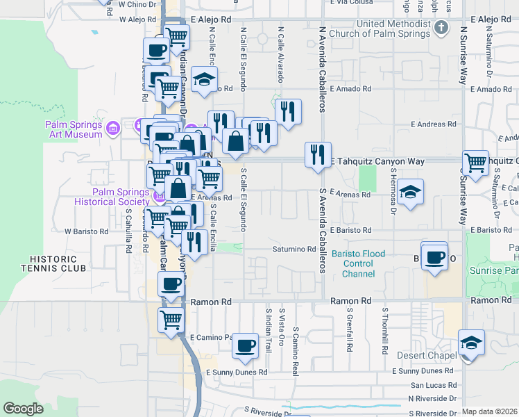 map of restaurants, bars, coffee shops, grocery stores, and more near 683 East Arenas Road in Palm Springs