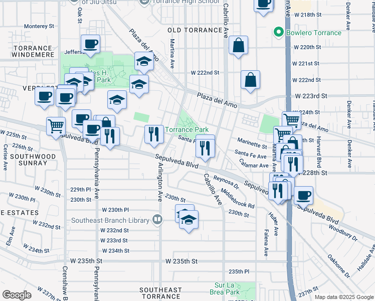 map of restaurants, bars, coffee shops, grocery stores, and more near 2727 Andreo Avenue in Torrance