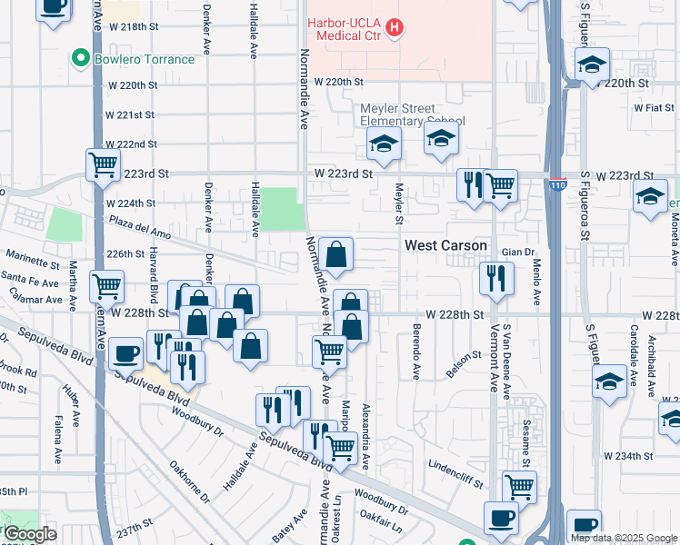 map of restaurants, bars, coffee shops, grocery stores, and more near 1220 West 226th Street in Torrance