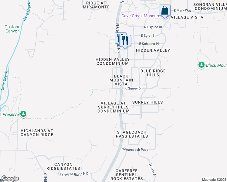 map of restaurants, bars, coffee shops, grocery stores, and more near 5811 East Surrey Drive in Cave Creek