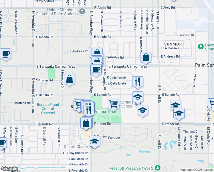 map of restaurants, bars, coffee shops, grocery stores, and more near 1945 East Calle Lileta in Palm Springs